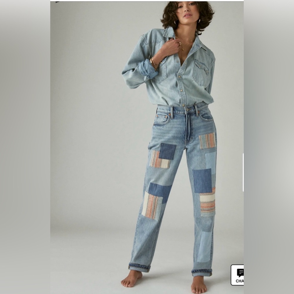 Lucky Brand Jeans Legend Boy Mid Rise Relaxed Straight Patchwork Women 8/29Boho